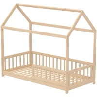 HOMCOM House-Shaped Kids Bed Frame with Guard Rails, Solid Pine Wood Single Bed Frame for Kids Boys and Girls, Natural(m-11)