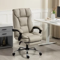 HOMCOM Silla de Escritorio con Reposapiés Respaldo Reclinable Acolchado Grueso Tapizada en Cuero Sintético Caqui(m-2)