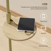 HOMCOM Candeeiro de Pé com Mesa Auxiliar Lâmpada E27 Máx. 40W Ecrã de Linho Interruptor de Corrente e Carregador USB Ø40x170 cm Dourado(m-5)