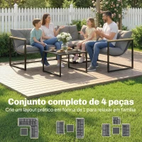 Outsunny Conjunto de Jardim Exterior com Almofadas Espessas, 2 Sofás de 2 Lugares, Sofá de Canto e Mesa de Centro com Vidro, Cinzento(m-4)