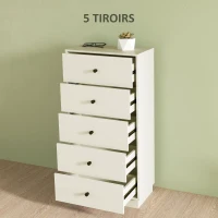 HOMCOM Commode 5 tiroirs, meuble de rangement haut et étroit, style moderne pour chambre à coucher, salon - 47x29x95cm, crème(m-4)