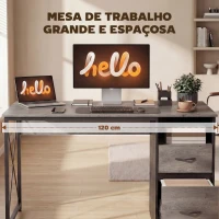 HOMCOM Mesa Gaming 120x50 cm Secretária Gaming Industrial com Compartimento e 2 Gavetas para Escritório Estúdio Cinzento Claro(m-4)