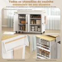 HOMCOM Ilha de Cozinha com Rodas Tampo Extensível Carrinho de Cozinha com 4 Portas Prateleiras Ajustáveis Estante Lateral Aberta Branco(m-5)