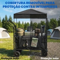 Outsunny Carrinho de Transporte com Rodas Grandes Travão Teto Amovível Carro Dobrável para Jardim com Barra Ajustável 125x59x133 cm Preto(m-6)