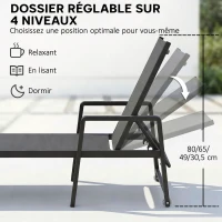 Outsunny Chaise Longue Jardin en Textilène et Aluminium, Réglable à 4 Positions avec Roues et Accoudoirs, 65x189x80cm, Gris Foncé(m-4)