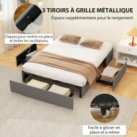 HOMCOM Lit coffre 140 x 190 cm, cadre de lit double rembourré avec 3 tiroirs, sommier à lattes en LVL, sans bruit, gris(m-6)
