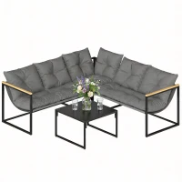 Outsunny Conjunto de Jardim Exterior com Almofadas Espessas, 2 Sofás de 2 Lugares, Sofá de Canto e Mesa de Centro com Vidro, Cinzento(m-10)