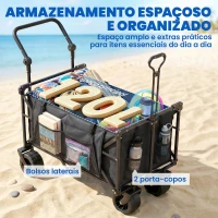 Outsunny Carrinho de Transporte com Rodas Grandes Travão Teto Amovível Carro Dobrável para Jardim com Barra Ajustável 125x59x133 cm Preto(m-9)