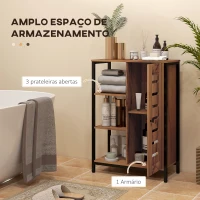 kleankin Móvel Auxiliar Casa de Banho com Porta de Ripas 3 Compartimentos Abertos Prateleira Ajustável 60x30x85 cm Castanho Rústico(m-4)