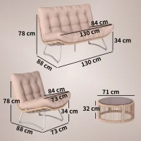 Outsunny Set de muebles de jardín 4 piezas Poliratán Lounge con sofá 2 plazas, 2 sillones, mesa de cristal, asiento ancho y profundo, cojines gruesos(m-3)