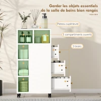 HOMCOM Meuble de salle de bain à roulettes, meuble de rangement étroit, 3 tiroirs, 5 compartiments ouverts,  20x40x80cm, blanc(m-4)