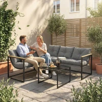 Outsunny Conjunto de Jardín Exterior con Cojines Gruesos 2 Sofás de 2 Plazas Sofá de Esquina y Mesa de Centro de Vidrio Gris(m-9)