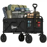 Outsunny Carrinho de Jardim Dobrável com Rodas Bloqueáveis Cabo Ajustável Porta-Copos Carga 80 kg para Camping 85x50x99 cm Preto(m-12)