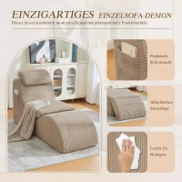 Moderner Freizeit-Sessel mit ergonomischer Rückenlehne, abnehmbarem Sitzkissen und Seitentasche, 160 x 66 x 90 cm, Khaki(m-4)