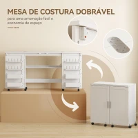 HOMCOM Mesa de Costura Dobrável com 6 Rodas Móvel para Máquina de Costura com 20 Pinos para Fios 4 Compartimentos 160x40x81,5 cm Branco(m-5)