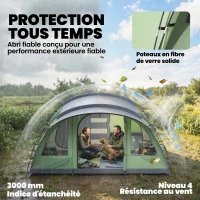Outsunny Tente de camping pour 4 personnes, tente tunnel familiale légère ventilée étanche 3 000 mm montage facile, vert(m-6)
