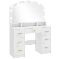 HOMCOM Toucador com 10 Luzes LED de 3 Cores Toucador de Maquilhagem com Espelho  7 Gavetas 3 Compartimentos Moderno 110x40x150 cm Branco(m-1)