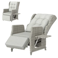 Outsunny Rattan Garden Recliner Chair, Reclining Garden Chair with Adjustable Back and Footrest, Flip Table, Cushion, Light Grey(m-11)