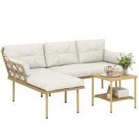 Outsunny Conjunto de Jardim Exterior em Vime com 1 Sofá de Dois Lugares 1 Espreguiçadeira e 1 Mesa de Centro Madeira e Creme(m-10)