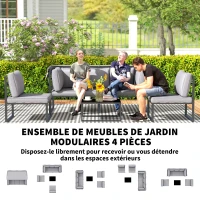 Outsunny Salon de jardin extérieur 4 pièces modulaire avec canapé, fauteuil et table basse en verre trempé, coussins inclus, gris(m-4)