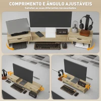 HOMCOM Suporte para Monitor com Ângulo e Comprimento Ajustável e 2 Gavetas para Escritório 60-116x22x12 cm Madeira(m-4)