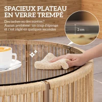 Outsunny Table Basse de Jardin Ronde en Résine Tressée, Plateau en Verre Trempé et Cadre en Acier Galvanisé, 70x70x33cm, Marron(m-6)