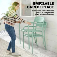 Outsunny Lot de 2 Chaises de Jardin Salon de Jardin Empilable Résistant aux Intempéries avec Accoudoirs 56x58x78cm Vert(m-7)