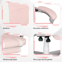 HOMCOM Chaise gaming, fauteuil gaming ergonomique avec repose-pieds, hauteur réglable, dossier inclinable, 63x63x123cm, rose(m-7)