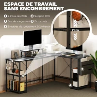HOMCOM Bureau d'angle modulable réversible 168-240 cm style industriel - étagère réglable, sac de rangement, support d'écran(m-4)