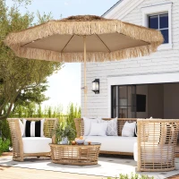 Outsunny Parasol de jardin extérieur en paille Ø 294 cm parasol droit mat 8 baleines en métal protection UV avec manivelle jaune(m-10)
