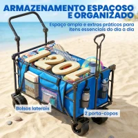Outsunny Carrinho de Transporte com Rodas Grandes Travão Teto Amovível Carro Dobrável para Jardim com Barra Ajustável 125x59x133 cm Azul(m-9)