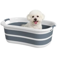 PawHut Baignoire pour Chien, Baignoire Pliable et Portable avec Trou de Drainage, pour Petits Chiens et Chiots, Gris(m-11)