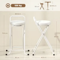 HOMCOM Tabourets de Bar Pliants Lot de 2, sans Assemblage, Chaises de Bar, Assise Rembourré 63H cm, Cadre en Acier, Blanc(m-3)