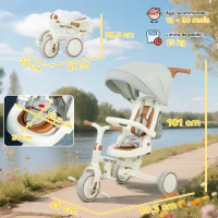 AIYAPLAY Tricycle bébé évolutif 5 en 1, tricycle enfant pliable avec poignée réglable, capote amovible, pour 1-3 ans, crème(m-3)