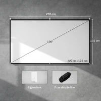 HOMCOM Tela de Projeção Manual 100 Polegadas Formato 16:9 HD 4K/8K para Interior e Exterior Branco(m-3)