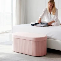 HOMCOM Puff de Arrumação Banco de Arrumação Dobrável 72 L 76x38x35 cm Estofado em Veludo Baú de Armazenamento Rosa(m-8)