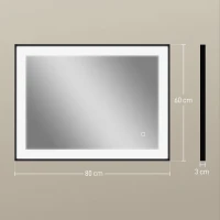 HOMCOM Espelho Casa de Banho com Luz LED 80x60 cm Iluminação Ajustável Função Anti-Embaciamento Função Memória Preto(m-3)