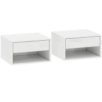 HOMCOM Set of Two Floating Bedside Tables, Wall Mounted Nightstand with Drawer and Open Shelf, High Gloss White(m-1)