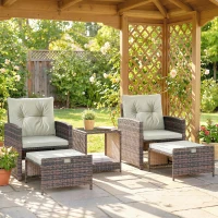 Outsunny Set de Mobilier de Grădină din Rattan 5 Piese, Set de Mobilier Exterior cu 2 Suporturi pentru Picioare, 2 Fotolii, Masă de Cafea cu 2 Niveluri, Perne, pentru Balcon, Terasă, Patio, Maro/Crem(m-2)