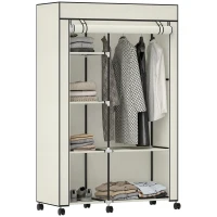 HOMCOM Armoire penderie en tissu meuble de rangement 6 roulettes tringle à vêtements et étagères ouvertes 103x43x162,5cm crème(m-11)