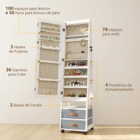 HOMCOM Espelho Armário de Jóias com Luzes LED Rodas Giratórias 360° Prateleiras Abertas Gavetas de Tecido Branco(m-6)