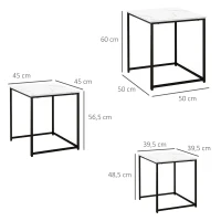 HOMCOM Conjunto de 3 Mesas Auxiliares para Sala de Estar com Efeito Mármore e Estrutura de Aço Estilo Moderno Branco e Preto(m-3)