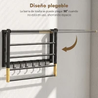 HOMCOM Toallero de Baño de Pared Toallero Plegable con 5 Barras y 6 Ganchos para Toallas Baño 60 cm Negro(m-5)