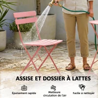 Outsunny Ensemble Bistrot de Jardin 3 Pièces Table et 2 Chaises Pliantes à Lattes Double Protection Antirouille Rose(m-7)