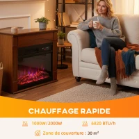 HOMCOM Cheminée électrique 1000W/2000W, fausse cheminée effet flamme 3D à 6 couleurs et 3 luminosités, 68,5x27,5x63cm, marron(m-5)