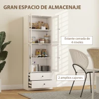 HOMCOM Alacena de Cocina Alta con 4 Puertas de Vidrio 2 Cajones Estantes Ajustables 59x30x170 cm Blanco(m-4)