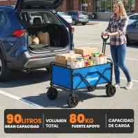 Outsunny Carro de Jardín Plegable con Ruedas Bloqueables Mango Ajustable Portavasos Carga 80 kg para Campaña 85x50x99 cm Azul(m-4)