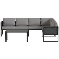 Outsunny Ecksofa-Garnitur aus Metall, 3 Sessel, Tisch mit Holzoptik, Dunkelgrau(m-6)