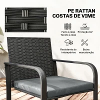 Outsunny Conjunto de Jardim 3 Peças de Vime com 2 Cadeiras com Almofadas Tecido Textilene e Mesa de Vidro Temperado Cinza(m-5)