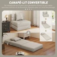 HOMCOM Chauffeuse canapé-lit convertible fauteuil 1 place avec 1 coussin déhoussable, tissu beige(m-4)